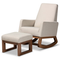 Baxton Studio BBT5200-Light Beige Set Yashiya Mid-century Retro Light Beige Fabric Rocking Chair and Ottoman Set